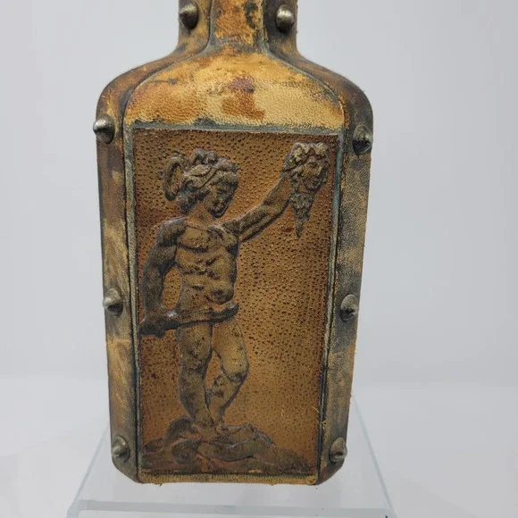 Vtg MCM Italian Hand-tooled Leather Decanter Embossed Studded Glass Perseus